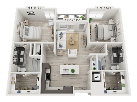Floor plan for 2 beds, 2 baths, 1077 sqft